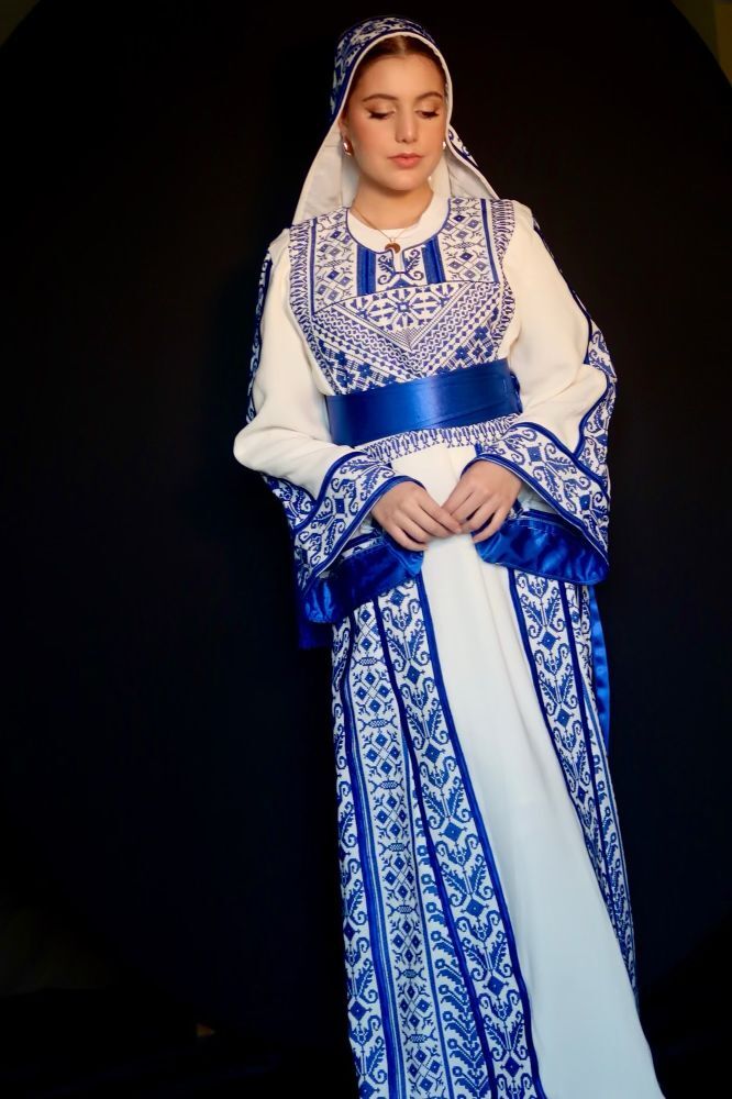 Palestinian Thobe Bisht Abaya Tatreez Design Embroidery on Navy Blue.